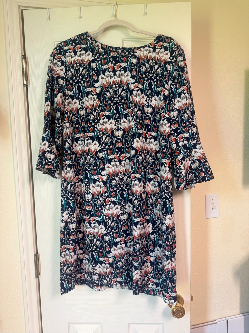 Banana Republic Navy Floral Print Dress Top with Coral and Teal Accents